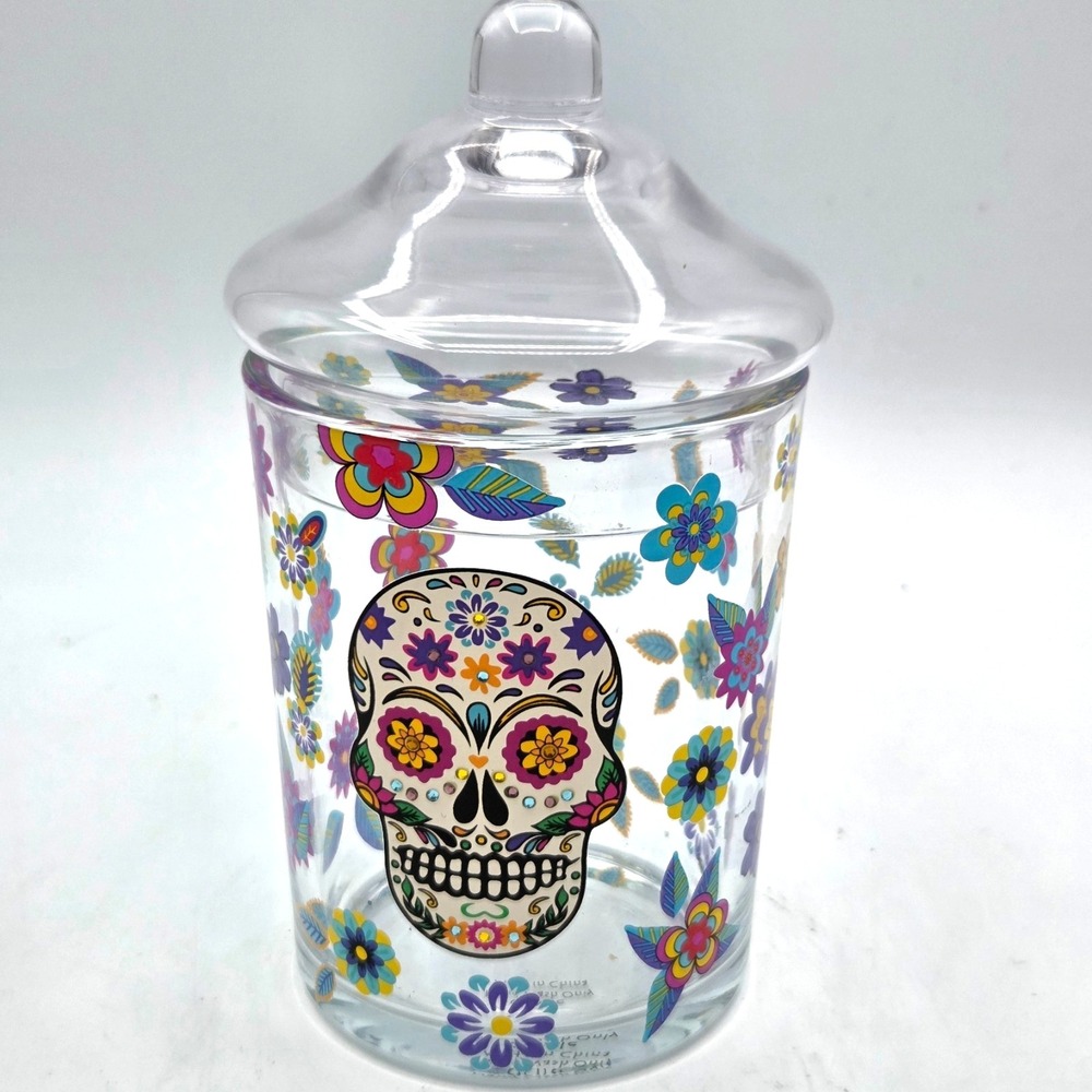 Day of the Dead Skull Glass Candy Jar with Lid Halloween